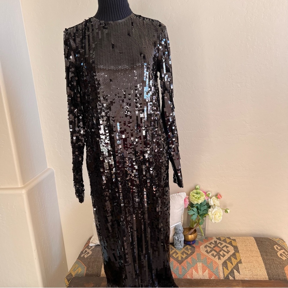 ZARA Black Sequin Knit Mock Neck Long Dress S - Picture 5 of 16